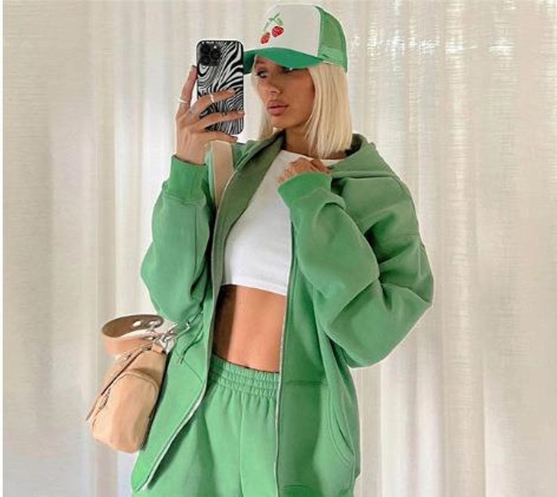 Women's hooded sportswear two-piece set for women solid color loose hooded sportswear jogging pants _voghion.com
