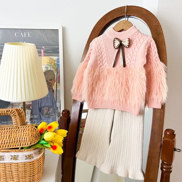 Conjunto de suéter para meninas 2025 outono e inverno novo estilo coreano cor sólida malha longa lã calças terno de duas peças_voghion.com