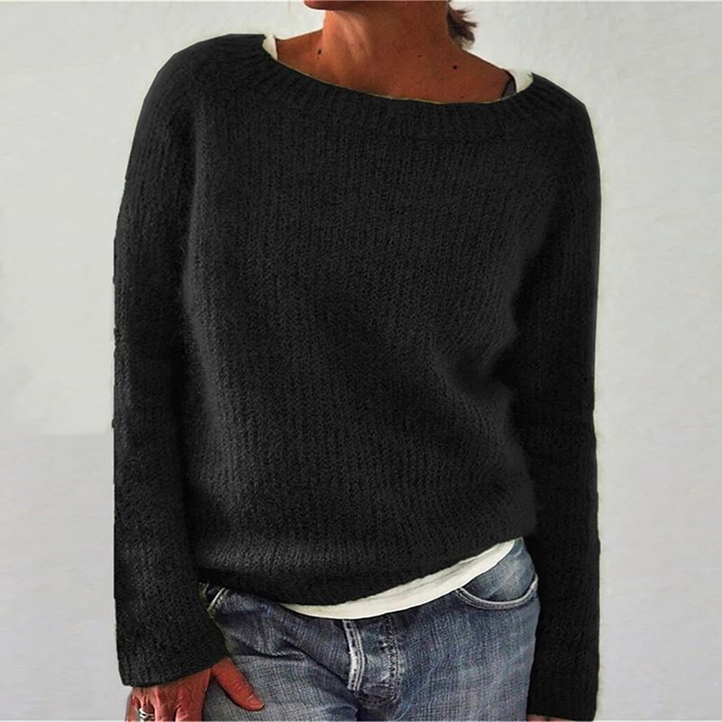 Solider Pullover mit Rundhalsausschnitt, lässiger Langarm-Pullover mit tief angesetzter Schulter, Damenbekleidung_voghion.com