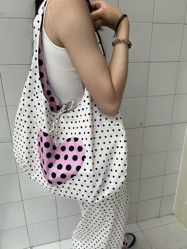 Borsa a tracolla a pois a forma di cuore color polvere bianca, nuova borsa tote da donna di grande capacità autunno/inverno 2025_voghion.com