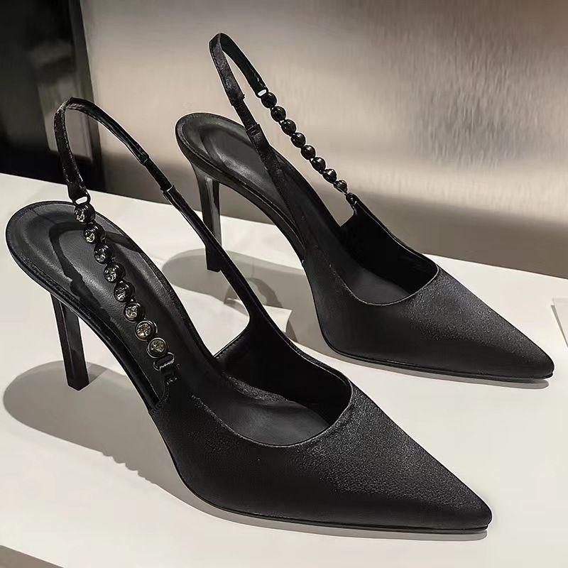 Sandali con tacco alto in argento di design francese per donna estate 2024, nuovo stile, stile fata, punta chiusa, tacco a spillo_voghion.com