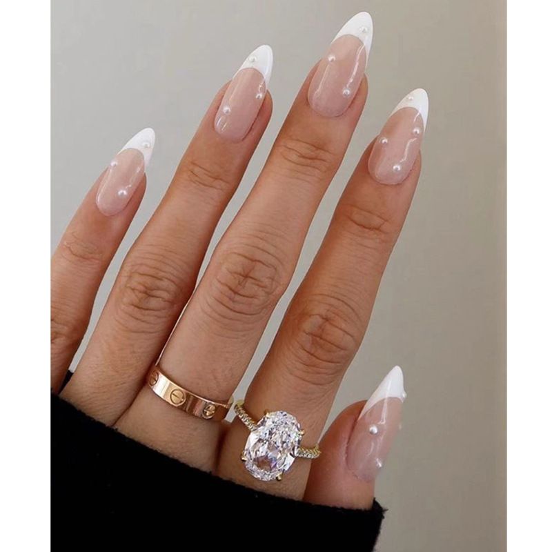 Faux ongles français élégants en forme d'amande, avec perles blanches et strass, réutilisables, avec colle et gel adhésif._voghion.com