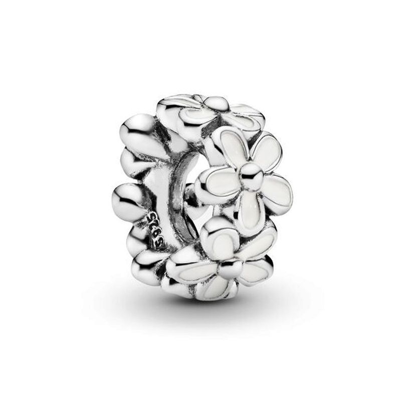 Beads Sier Plated White Daisy Flower Spacer Beaded Bracelet Retro DIY Loose Beads_voghion.com