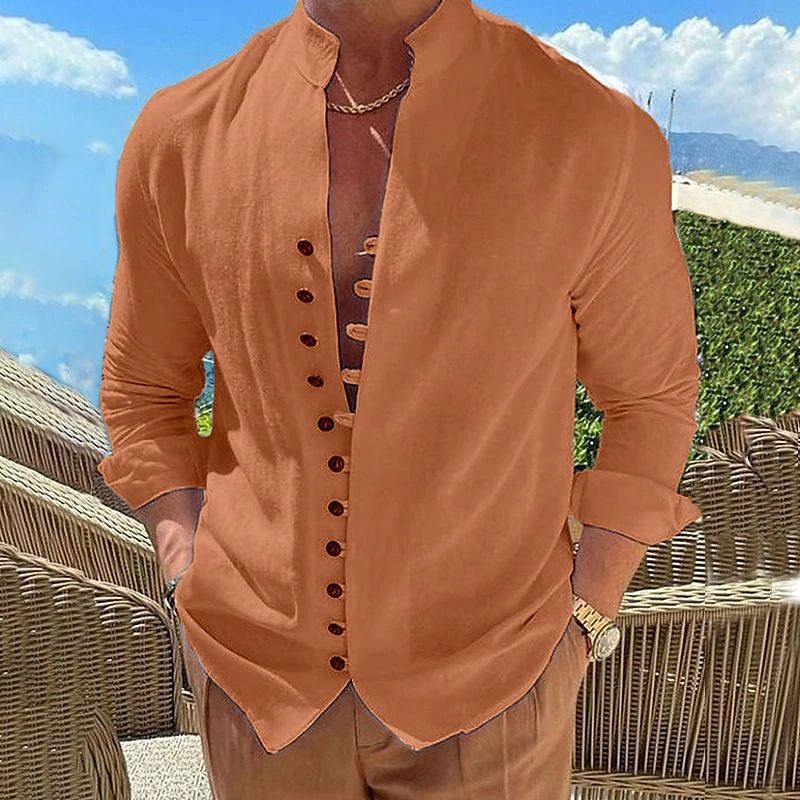 Nuova camicia casual a maniche lunghe in cotone e lino retrò da uomo_voghion.com