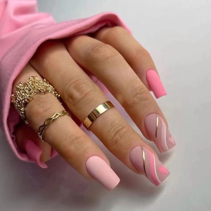Square 24Pcs Head False Nails With Glue Pink Wavy Line Design Fake Nails Artifical Finished Press On Nails Ful_voghion.com