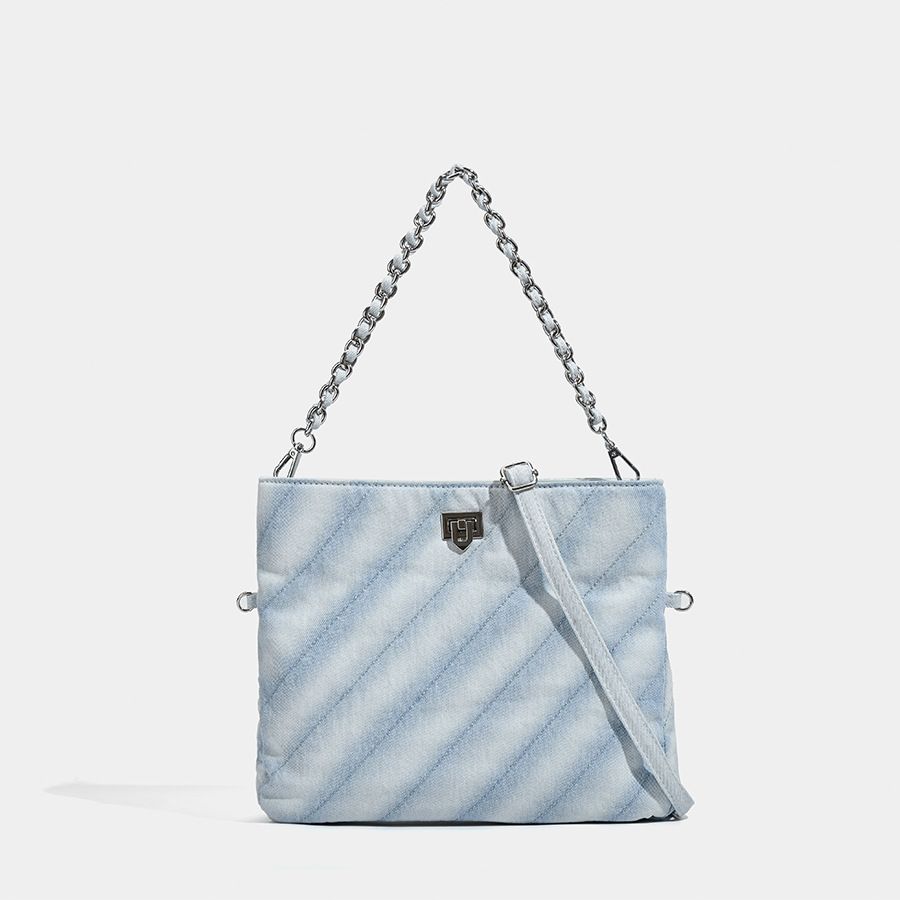 Borsa in denim da donna, borsa tote pieghevole di grande capacità, borsa a tracolla in twill di denim da donna, borsa a tracolla con catena, denim lavato_voghion.com