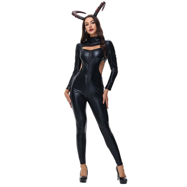 Çapraz Ayna Stili Koyu Gotik Cadılar Bayramı Siyah Deri Cadı Vampir Boğa Boynuzu Kostümü_voghion.com