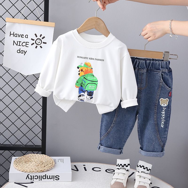 Fréijoer 2024 Nei Jongen a Meedercher Ronnhals Hoodies Cartoon Hosen Sträif Baby Cowboy Zwee-Stéck Set Trendy_voghion.com