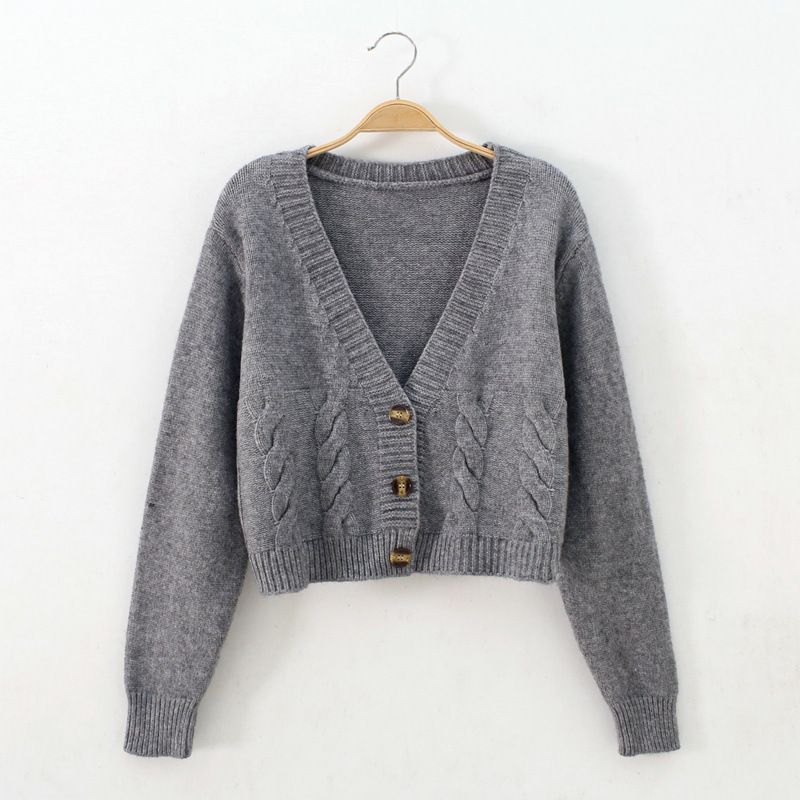 Women's Short High Waist Slimming Solid Color Sweater Spring Autumn Fitted Knit Cardigan Cable Stitch Jacket_voghion.com
