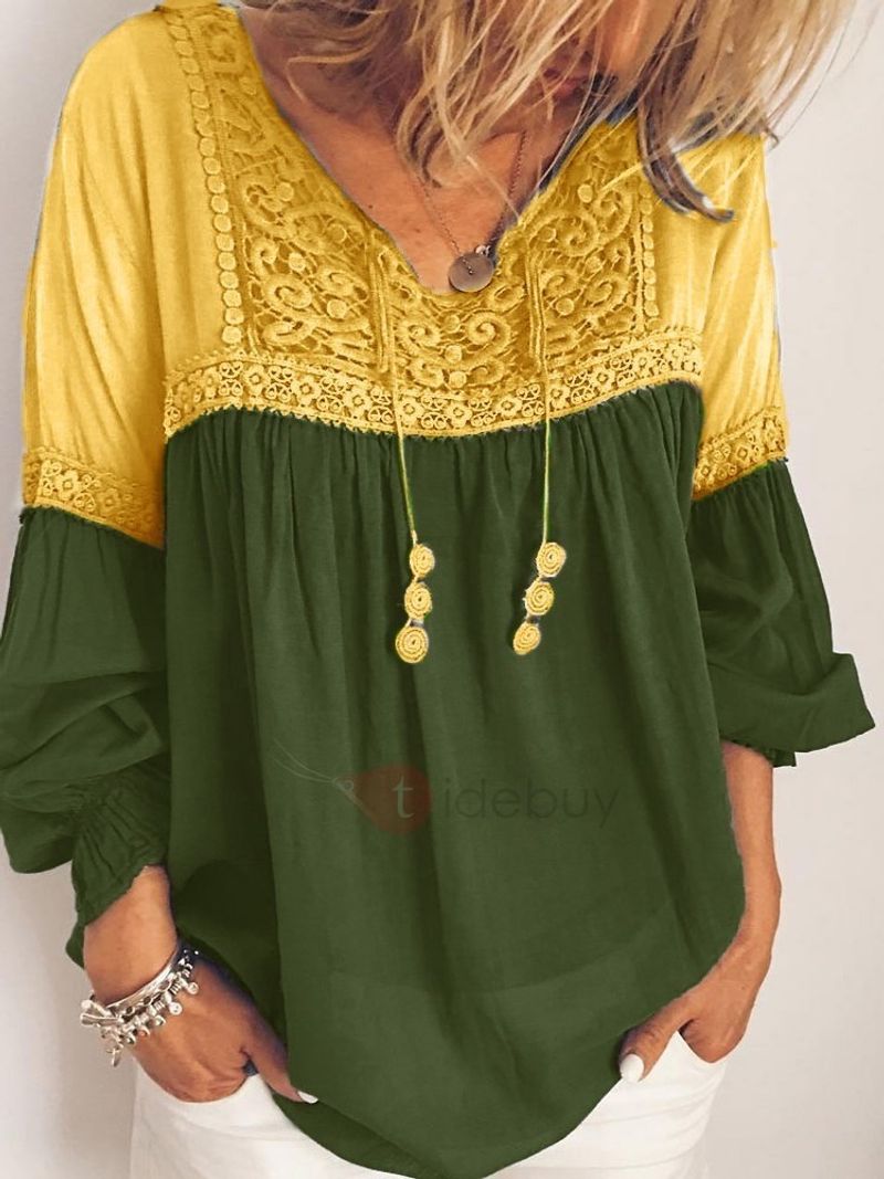 Top estivo da donna in pizzo patchwork a contrasto, alla moda e versatile_voghion.com