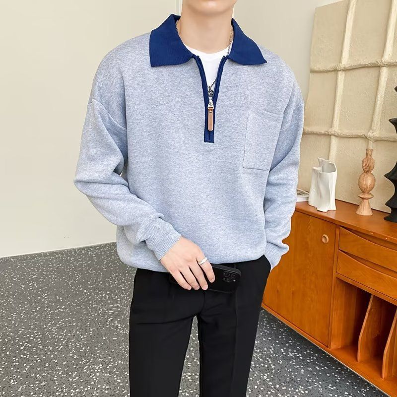 New color blocking knitted men's autumn light mature style texture semi open top men's lapel pullover long sleeved sweater_voghion.com