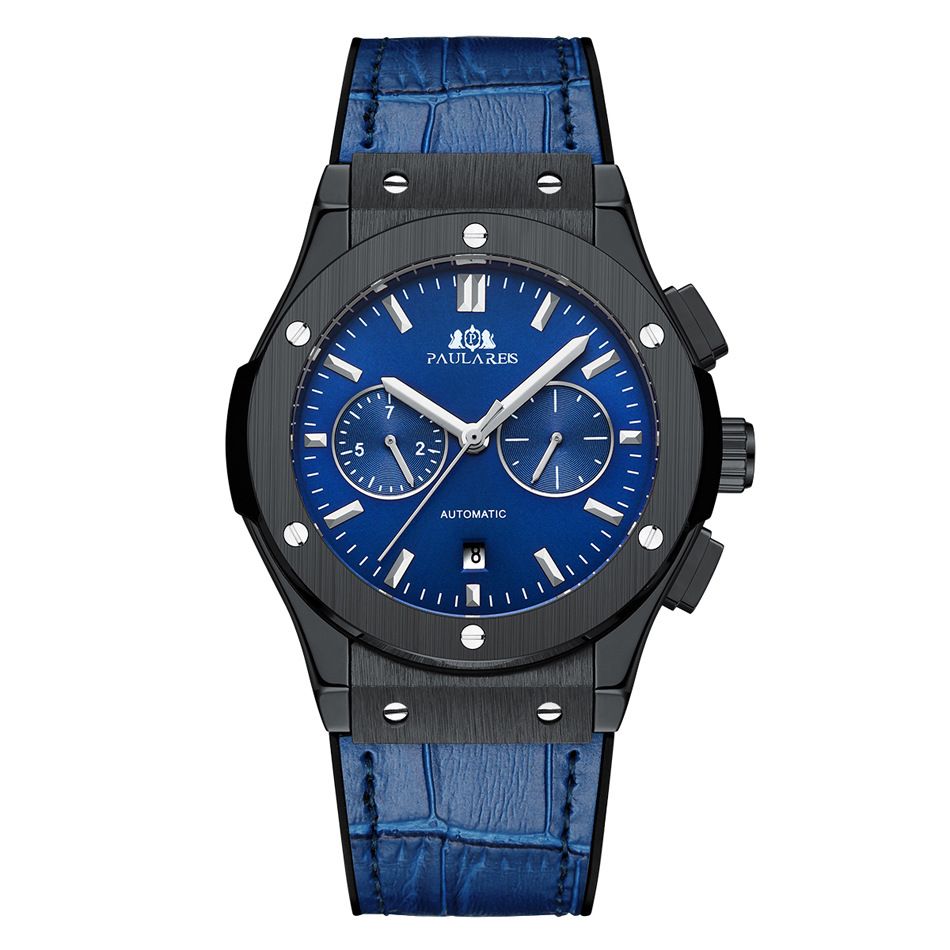 Automatische mechanische Herrenuhr mit Leder-Kautschukarmband, multifunktional, Roségold, AUTOMATISCHE UHR_voghion.com