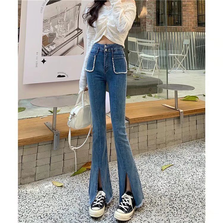 Schlaghose für Damen, mit hoher Taille im Hong Kong-Stil und schlankmachendem Effekt. Schicke Slim Fit-Jeans für Damen 2022 mit Doppelknopf_voghion.com