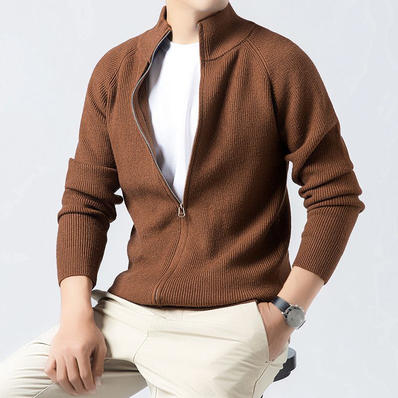 Cardigan in maglia testurizzata da uomo – Maglione con collo alto e spalle scese (marrone/grigio/nero/blu navy, taglie dalla M alla XXXL)_voghion.com