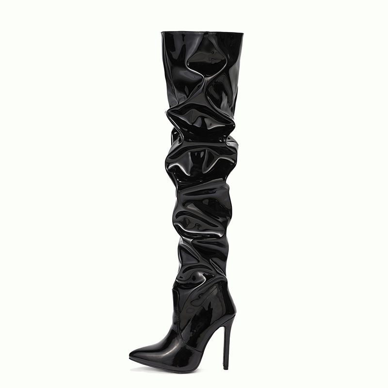 Nouvelles chaussures pour femmes bout pointu en cuir verni grande fermeture éclair noire talon aiguille bottes pour femmes_voghion.com