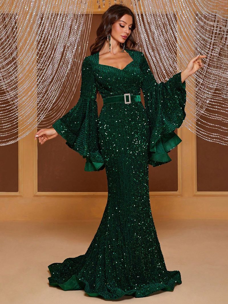 Women's Clothing evening dress, sequined ruffled long sleeved dress, fishtail long dress, floor length dress_voghion.com