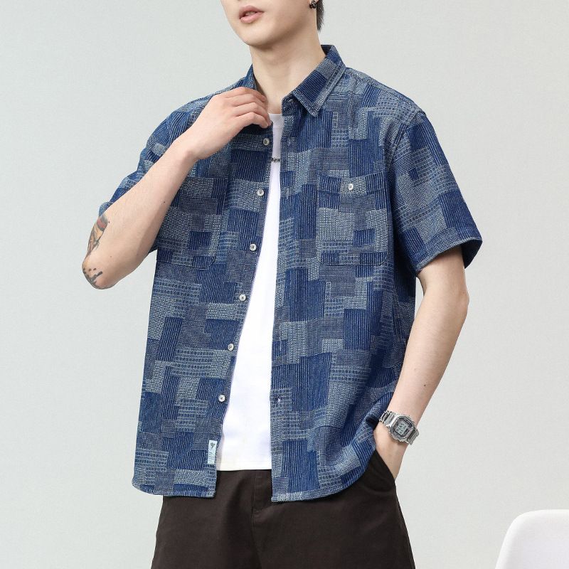 Summer men's workwear denim short-sleeved shirt loose handsome trend simple versatile young men's shirt 715_voghion.com