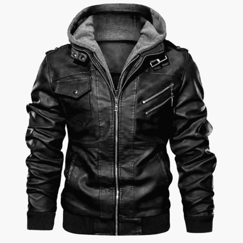 Schwarzer Jugend-Revers-Reißverschluss-Winter-Ledermantel mit geradem Saum und Kapuze für Herren in Schwarz_voghion.com