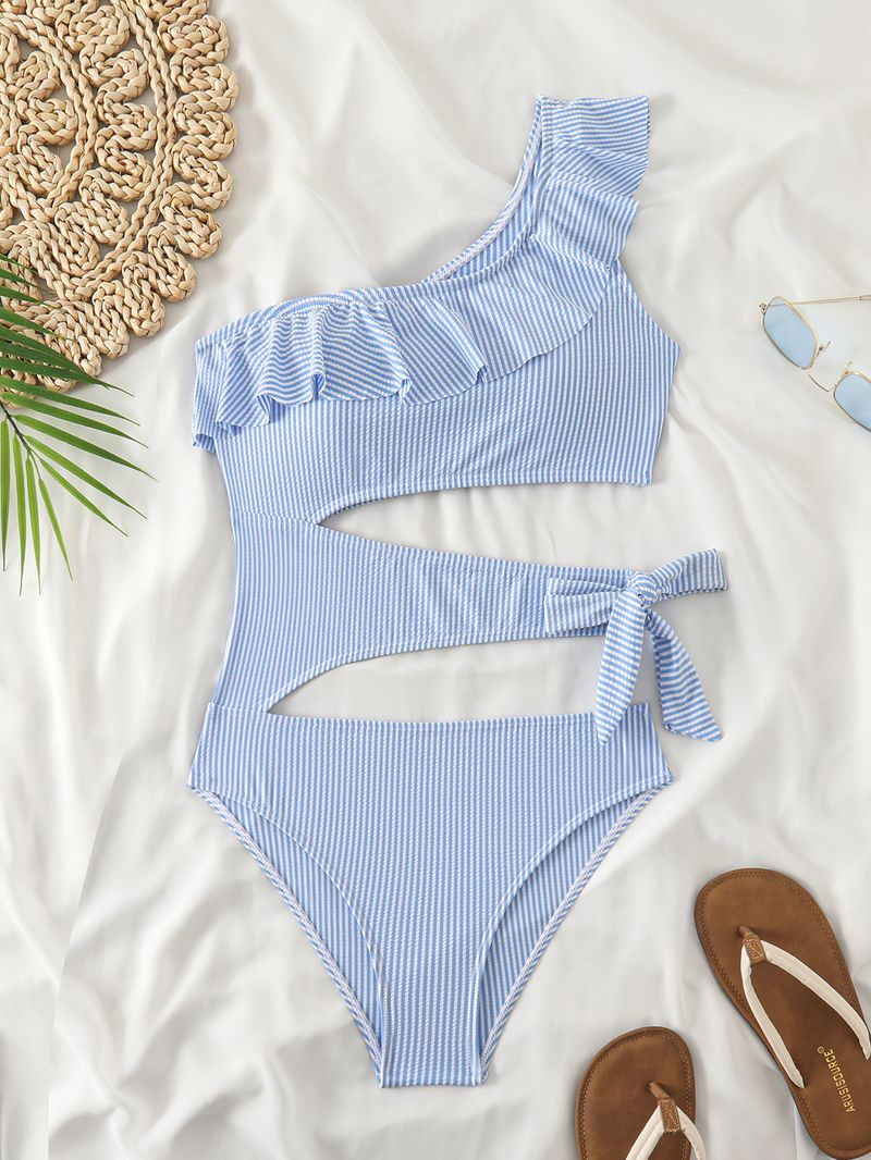 Women's Clothing New One Piece Swimsuit Women's Ruffled Hollow Lace Up Swimsuit High End Hot Spring Striped Swimsuit_voghion.com