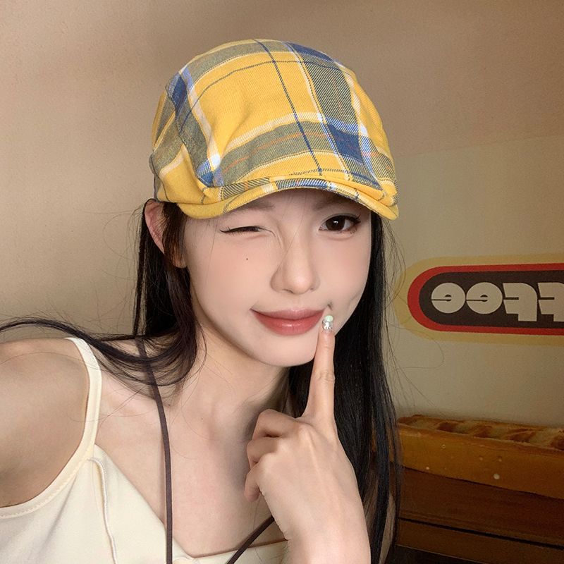 Plaid Beret Damen Sommer Süße Coole Retro Art Raw Painter Hut Dünn Atmungsaktiv Entenzunge Vorwärts Hut_voghion.com