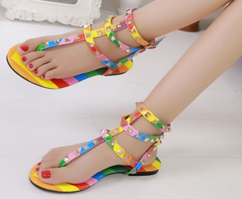 34-45 Große größe Europäischen und Amerikanischen sommer bunte orange flache ferse süße fischgräten niet Römischen sandalen schnalle flache schuhe_voghion.com