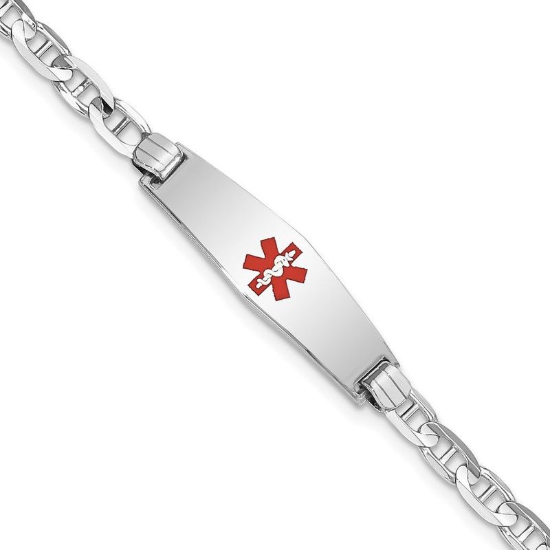 14K WG Medical Soft Diamond Shape Red Enamel Anchor Link ID Bracelet_voghion.com