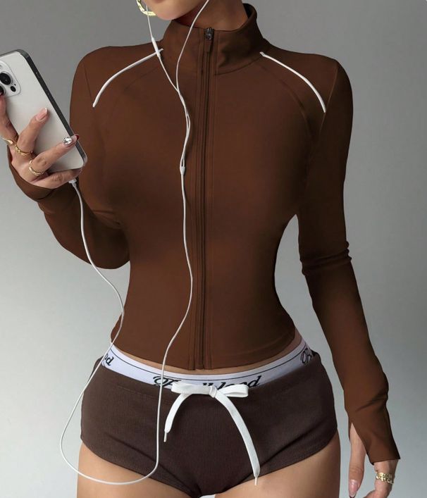 Kontrastfarbene Sport-Yogajacke für Damen – Slim Fit Laufjacke mit Reißverschluss in Pink/Schwarz/Marineblau/Hellviolett/Apricot/_voghion.com