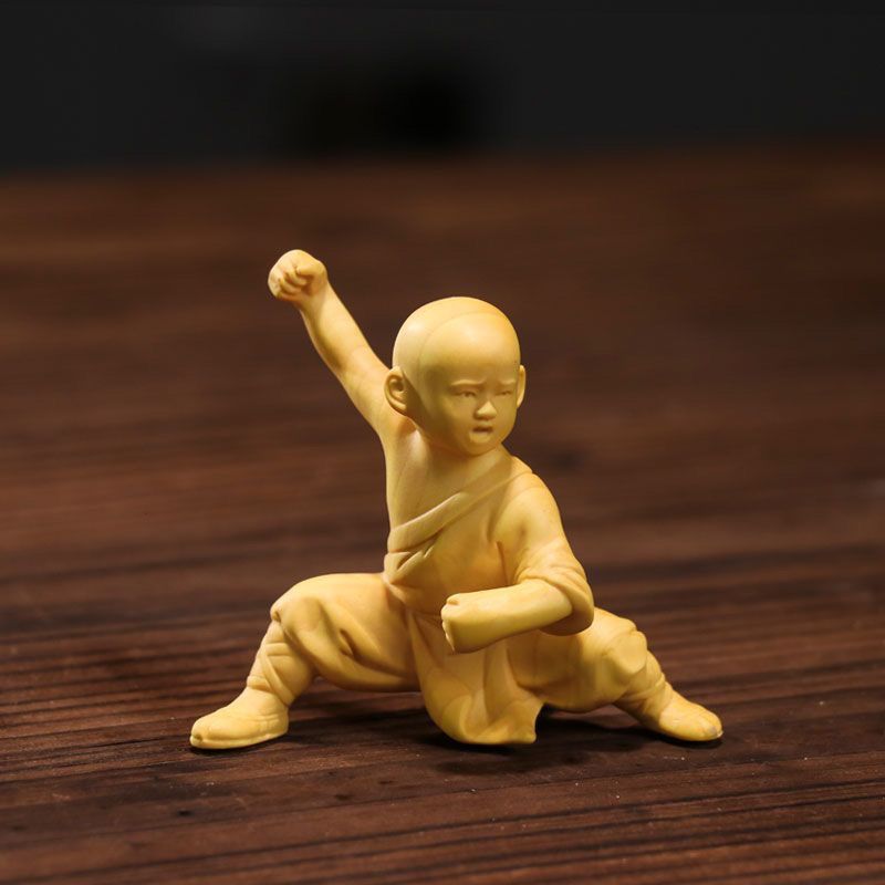 Boxwood Carved Handheld Figurine Character Kid Martial Kung Fu Little Monk Home Decoration Chinese Style Ornament_voghion.com