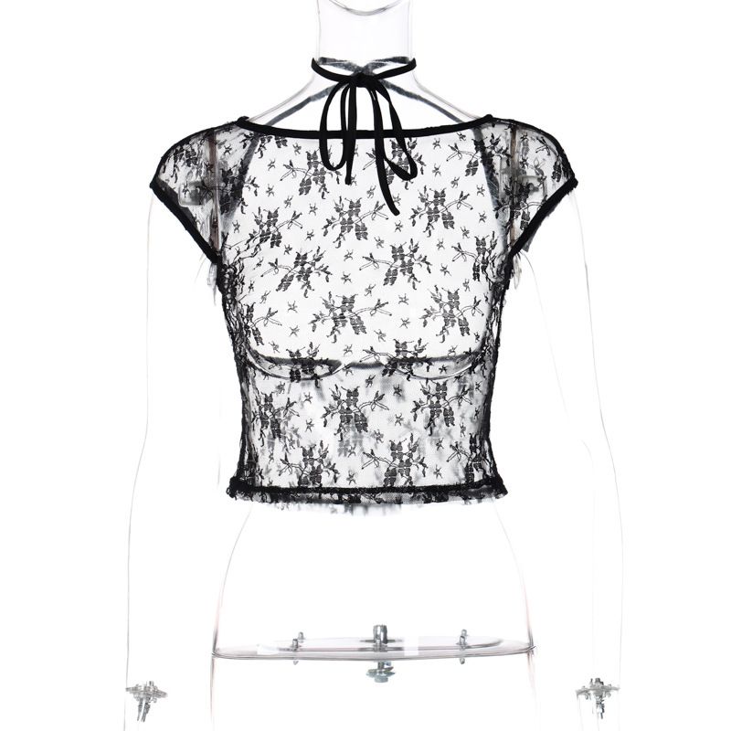 Hot Selling New Spicy Girl Style Sexy Lace Open Back Hanging Neck Open Navel Slim Fit T-shirt for Women_voghion.com