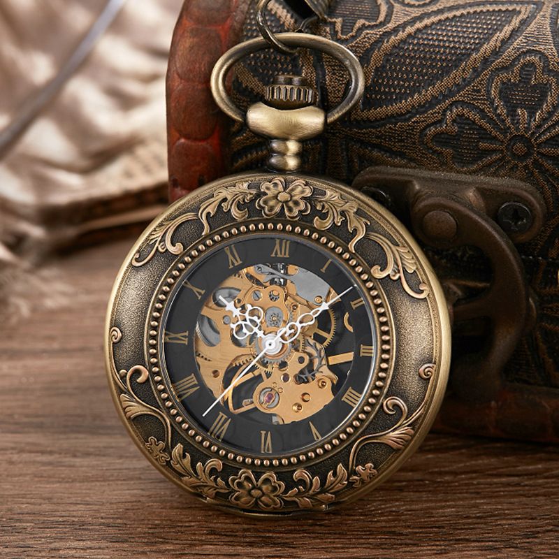 Classic Double Open Carved Flip Cover Roman Numerals Large Semi-Automatic Pocket Watch_voghion.com