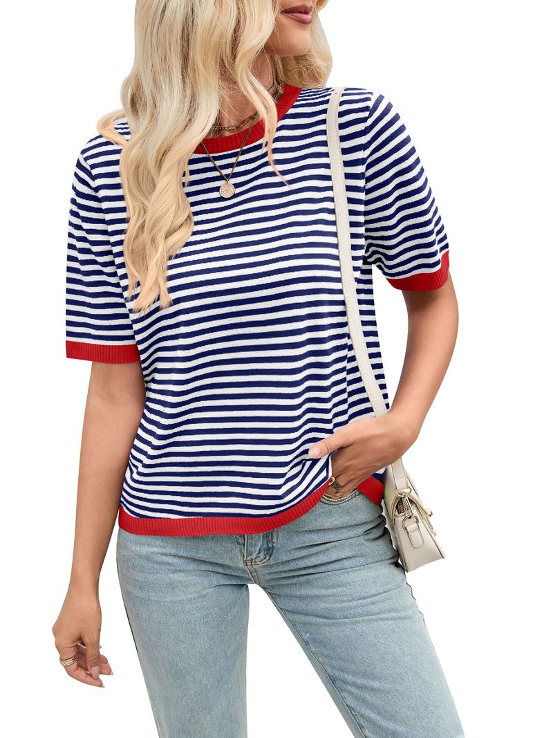 Damenbekleidung Sommer Casual Striped Color Rundhalsausschnitt Gestrickter Kurzarmpullover_voghion.com