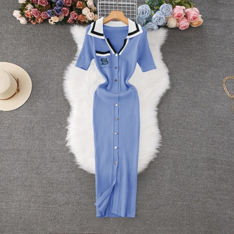 Robe longue à col polo et manches courtes pour femme, avec lettres brodées et contrastées, taille fine, en tricot_voghion.com