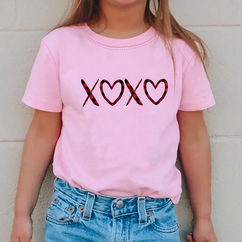 Ropa para niños Camiseta de cuello redondo para niñas Camiseta de manga corta con estampado de letras Xoxo Ropa de verano para niños adecuada para 1 a 8 años_voghion.com
