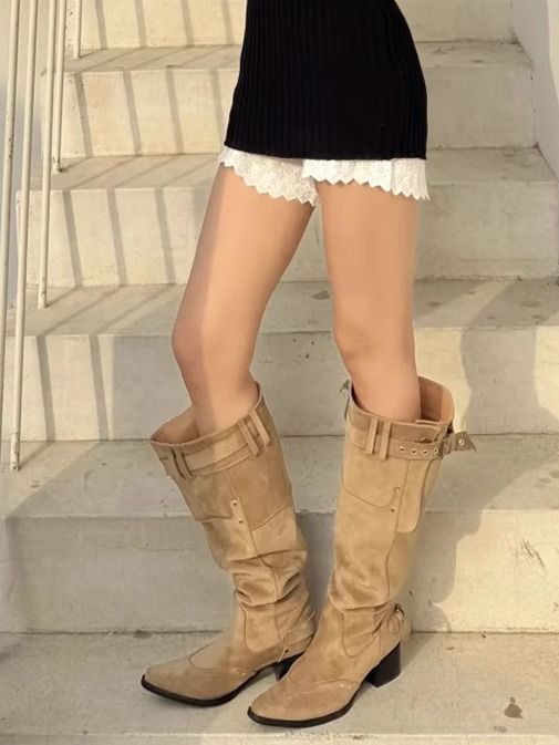 Melard Große Röhre Schlankheits-Falten-Slouch für Damen Sommer Spitzschuh Blockabsatz Khaki Lange Stiefel_voghion.com