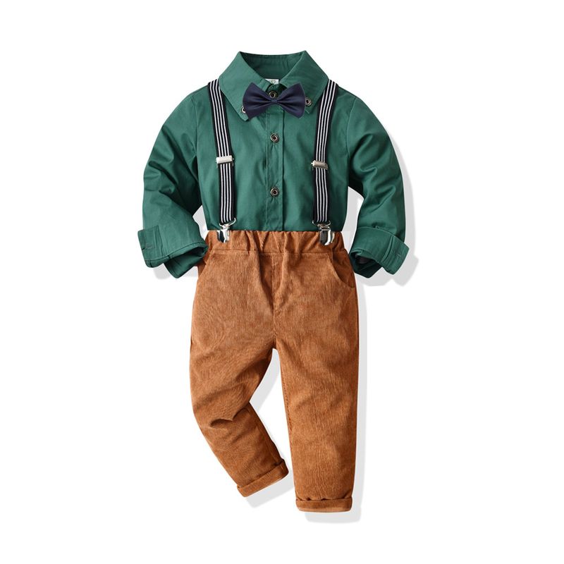Boy Green Gentleman Long Sleeve Shirt Corduroy Trousers Spring And Autumn Leisure Outing Set_voghion.com