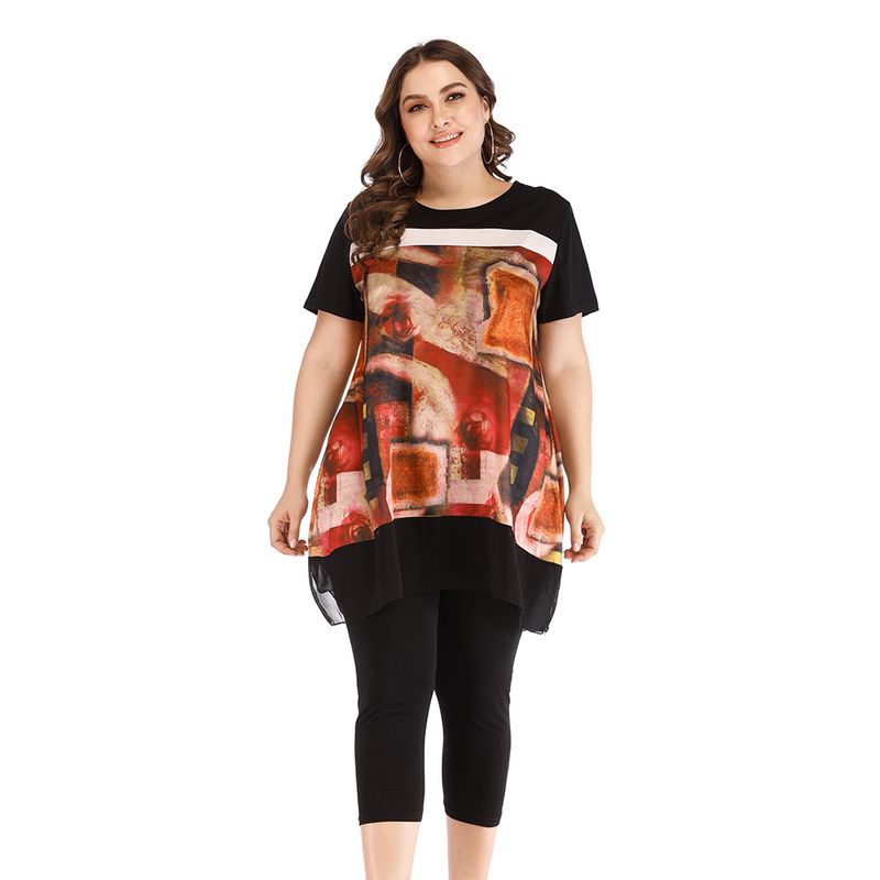 2023 sommer Neue Dünne Crop Hosen Rundhals Print Splice Casual Zwei Stück Überhose Set JR5664_voghion.com
