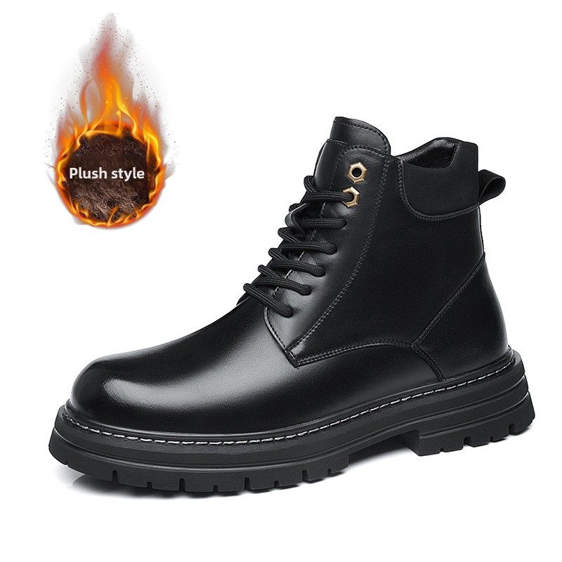 Autumn and winter new Martin boots men's British style high-top retro rhubarb boots velvet thick-soled snow boots_voghion.com