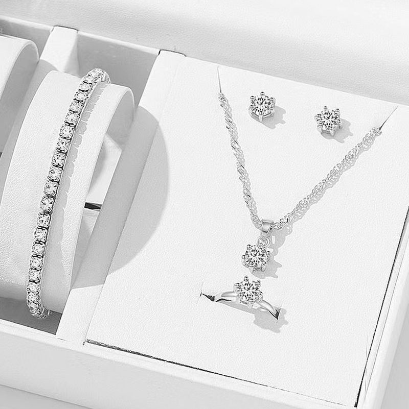 Simple Set Fashionable And Versatile Zircon Necklace Earrings Ring Bracelet Four Piece Jewelry_voghion.com