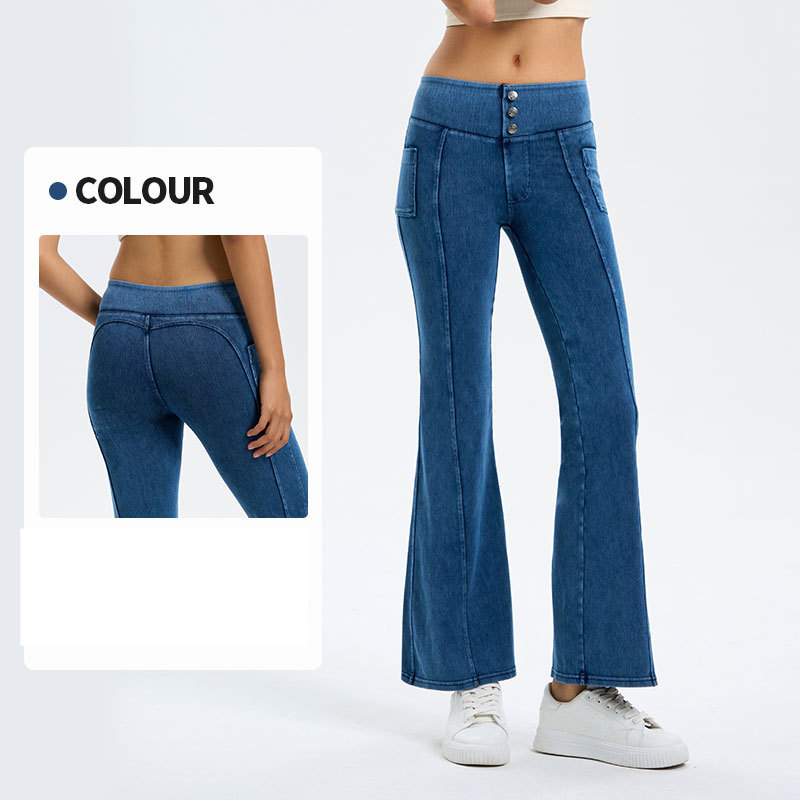 Damenbekleidung Neue taillierte Denim-Yoga-Schlaghose für Frauen, hochelastische Bauchhaltetaschen zum Anheben des Hinterns, Sport_voghion.com