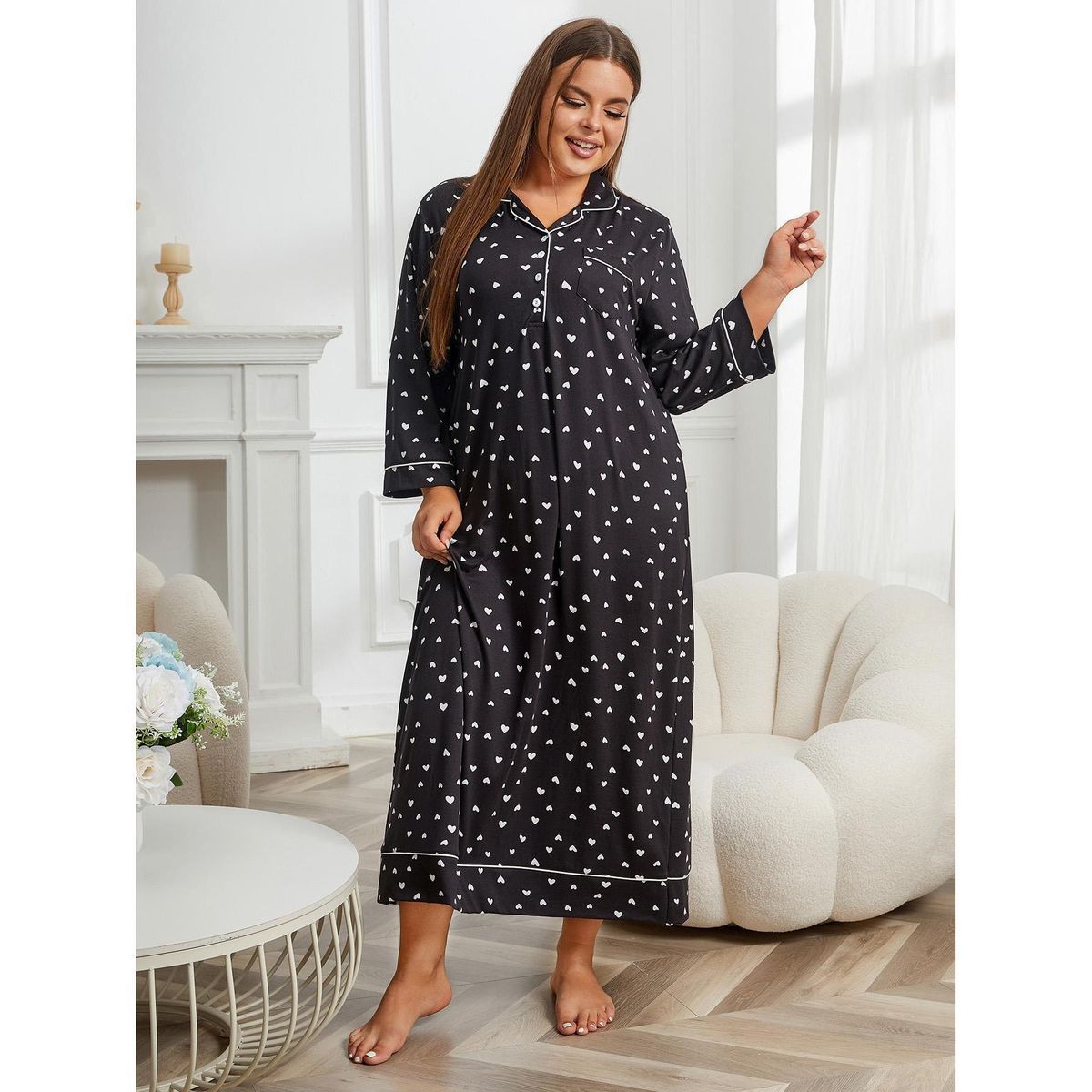 Plus Size Sleepwear Set - Women’s Long-Sleeve Nightgown For Winter, Soft & Stretchy (1XL-4XL, Black)_voghion.com