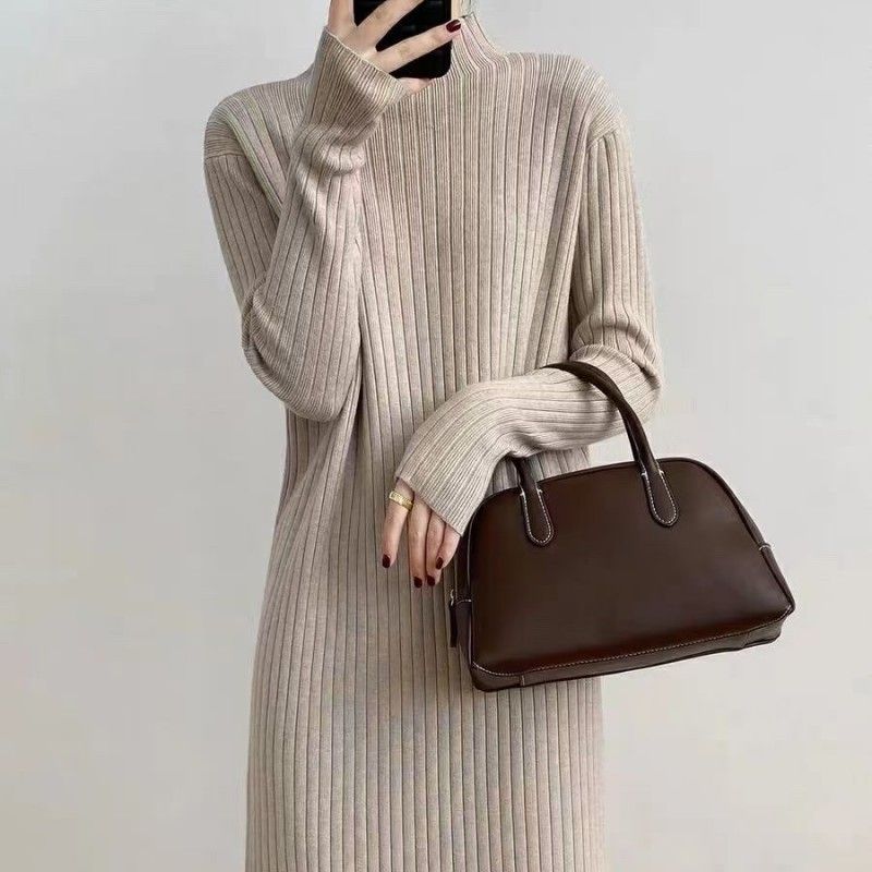 Maglione a collo alto per donna, autunno e inverno, stile medio-lungo, sopra il ginocchio, fondo con gonna a nappe,_voghion.com