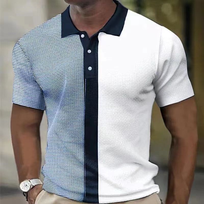 Summer New Men's Polo Shirt Short Sleeve Color Block Button Waffle T-Shirt_voghion.com