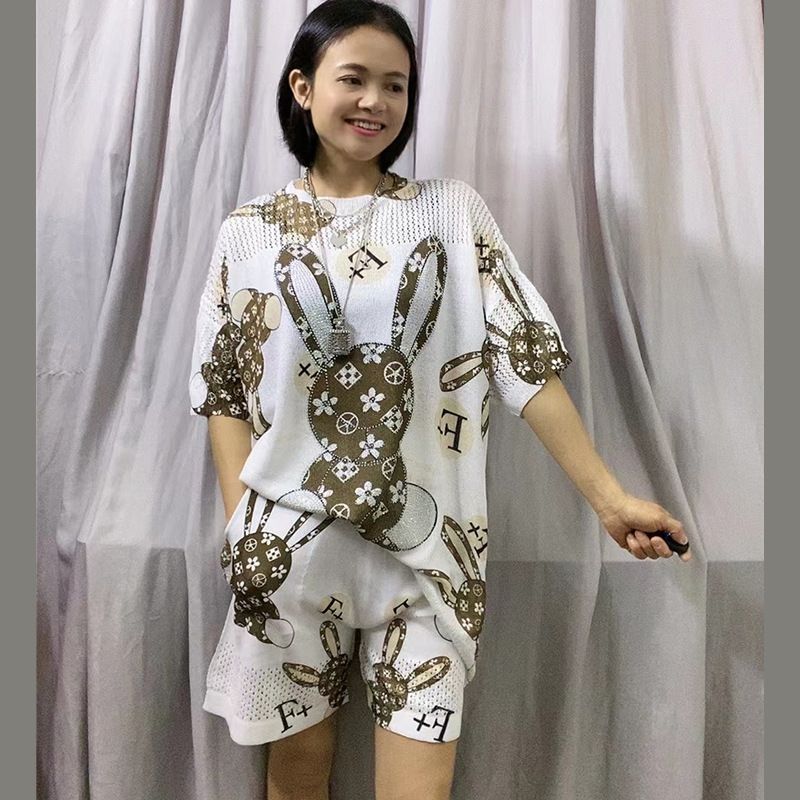 Women's printed T-shirt new hollow knit two-piece suit_voghion.com