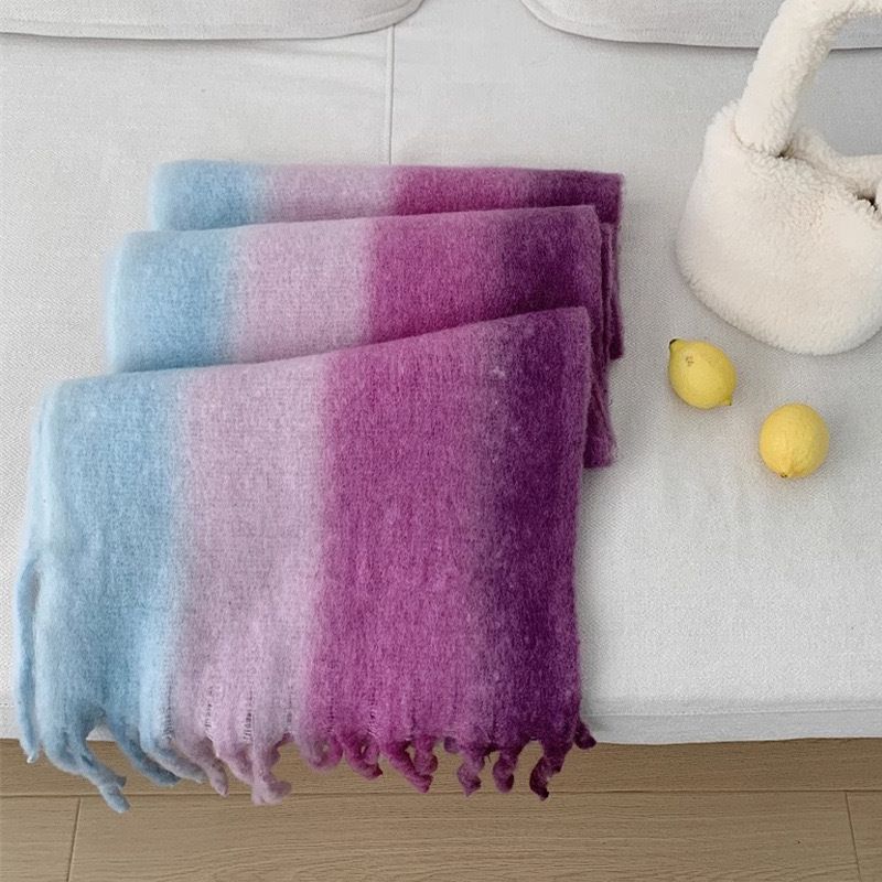 The New Women's Winter Sense of Luxury Thickened Warm Scarf, Wind Vertical Pattern Gradient Spray Dyeing Shawl Mohair Scarf_voghion.com