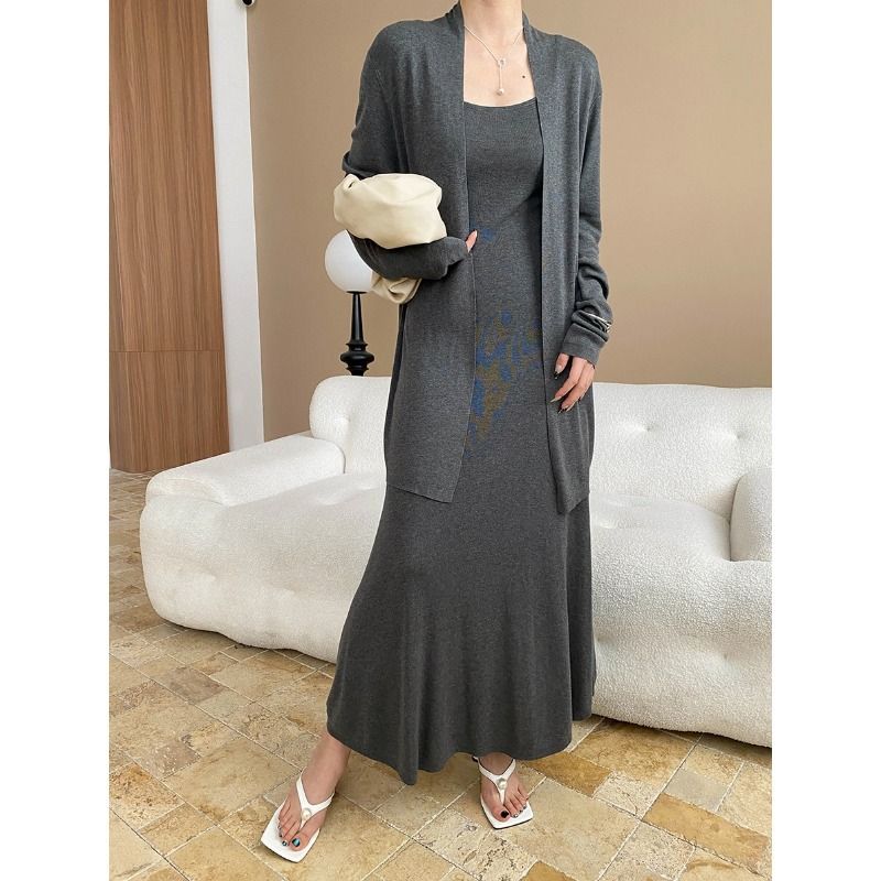 Conjunto de saia e cardigan de malha de papel com gola única, fácil e gratuito_voghion.com