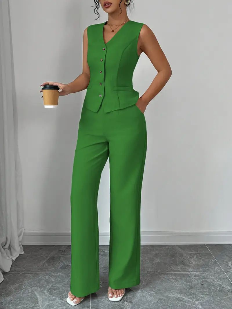 Kadınlar İçin Şık, Tek Renk, Kolsuz Yelek ve Pantolon Takım Elbise - Nefes Alabilir Polyester Karışımı, Kırışmaz, Ofis ve Günlük Giyim (S/M/L/XL)_voghion.com