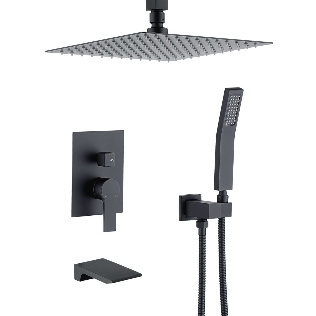 Matte Black 12 inches Rain Shower Faucet Sets with Waterfall Tub Spout and Handheld Shower Head_voghion.com