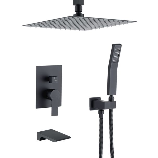 Matte Black 12 inches Rain Shower Faucet Sets with Waterfall Tub Spout and Handheld Shower Head_voghion.com