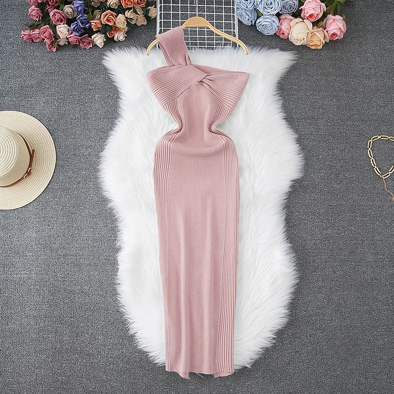 Elegante abito midi aderente con spalle scoperte, spacco profondo e schiena scoperta – Vestibilità in maglia elasticizzata per donna_voghion.com