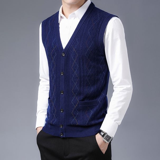 Ärmelloser Westepullover aus Wollmischung mit V-Ausschnitt für Herren – Karo- und Camouflage-Muster, schmale Passform, lässig und vielseitig für den Herbst_voghion.com